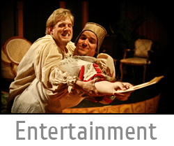 Image button of two actors fighting over a letter from live Shakespeare play with text "Entertainment" and link to Entertainment page.