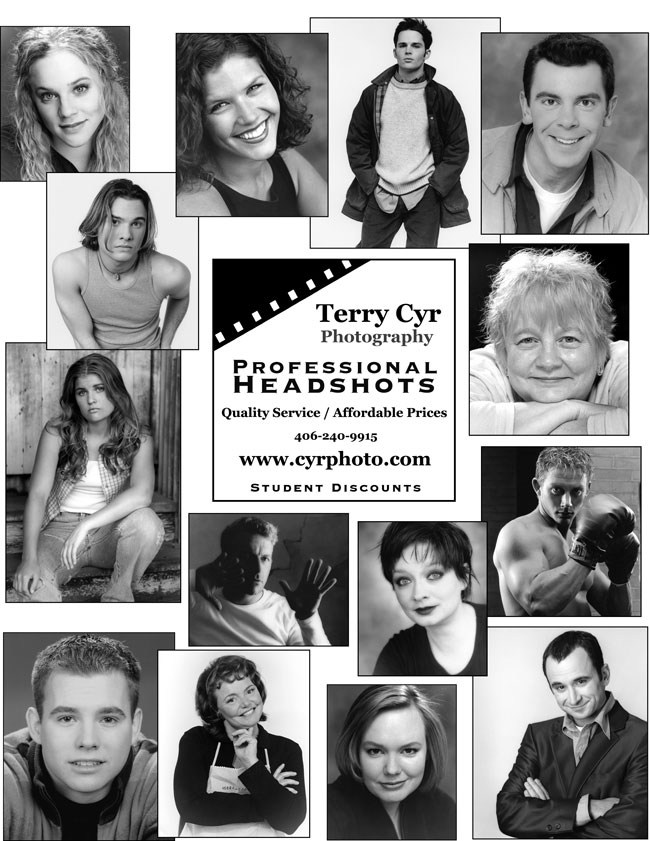 Layout with many examples of different types of Business and Entertainment headshots. Text "Terry Cyr Photography, Professional Headshots, Quality Services, Affordable Prices"