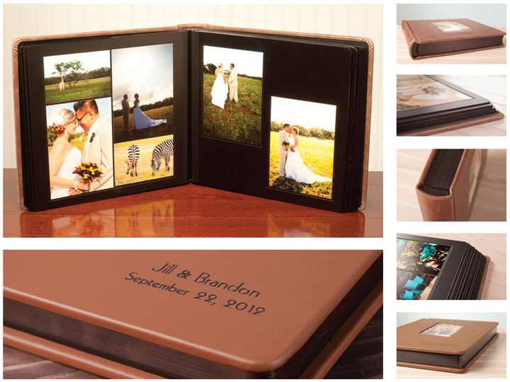 Multi image product details of hand crafted leather wedding albums for Terry J Cyr Photography, Missoula Montana.