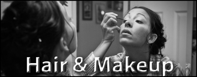 Woman putting on makeup in the mirror getting ready for her wedding day.  "Hair & Makeup" button